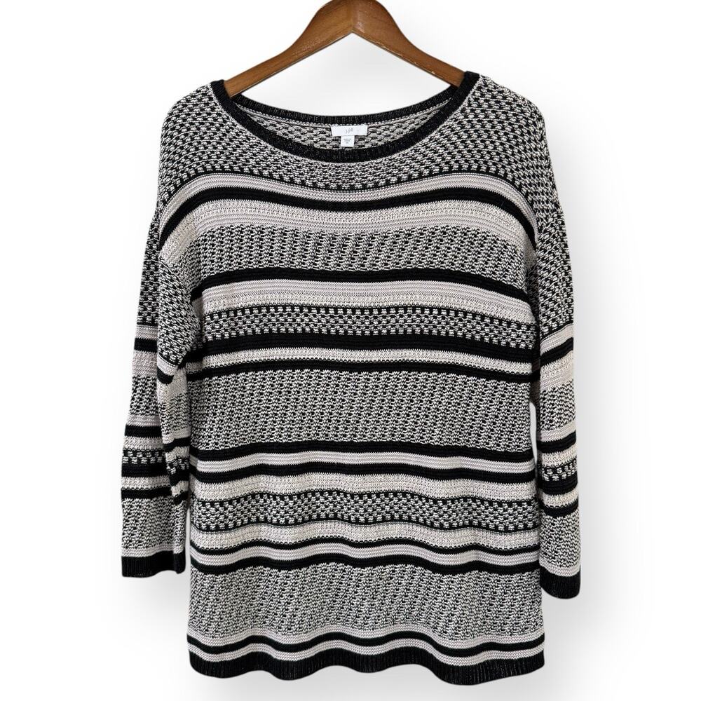 J Jill Women Oversized Tunic Sweater Size XS Black White Stripe Dolman Sleeve